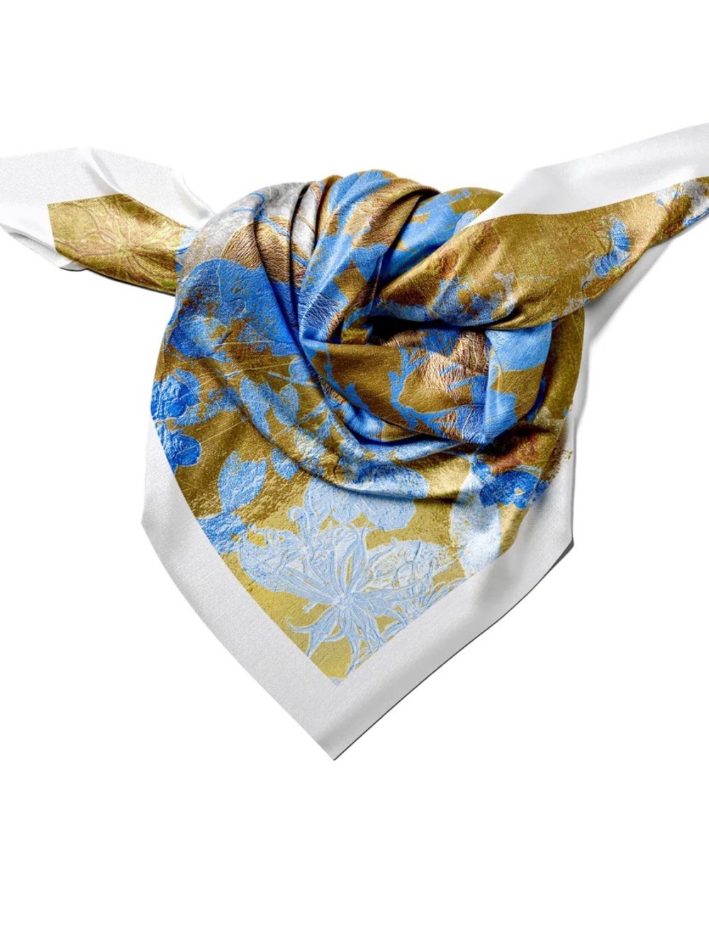 Blue & Gold Floral Silk Scarf by Unknown Brand